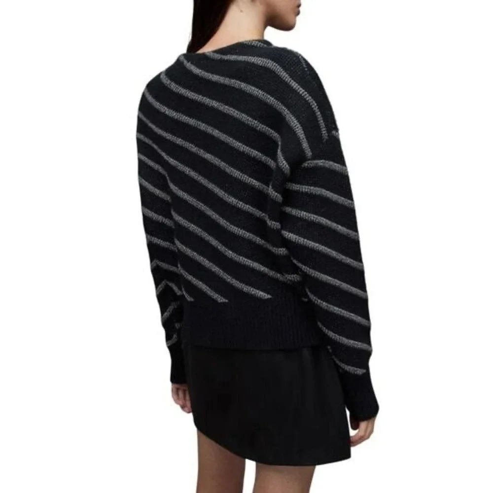 AllSaints Womens Vega Sweater Jumper M Black Alpaca Wool Striped Cropped‎ $248